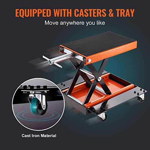 VEVOR Motorcycle Lift 1100lbs ATV Scissor Lift Jack with Dolly & Hand Crank | Garage Repair Center Hoist Crank Stand with Wide Deck and Tool Tray for Street Bikes, Cruiser Bikes, Touring Motorcycles | Garage Repair Center Hoist Crank Stand with Wide Deck