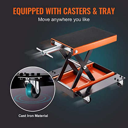 VEVOR Motorcycle Lift 1100lbs ATV Scissor Lift Jack with Dolly & Hand Crank | Garage Repair Center Hoist Crank Stand with Wide Deck and Tool Tray for Street Bikes, Cruiser Bikes, Touring Motorcycles | Garage Repair Center Hoist Crank Stand with Wide Deck