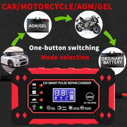 Car Battery Charger,12V 6Amp Trickle Charger and Maintainer, Smart Fully Automatic Battery Charger w/Temperature Compensation, Battery Pulse Repair and Desulfator for Lead Acid AGM Batteries - color: 1) - 6Amp/12V (Red)