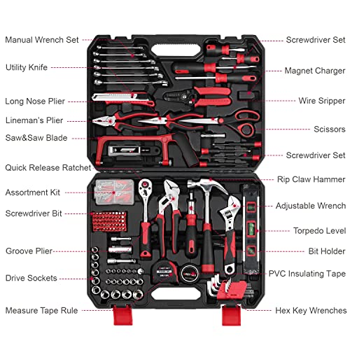 Eastvolt 218-Piece Household Tool Kit, Auto Repair Tool Set, Tool Kits for Homeowner, Plier, Screwdriver Set, Socket Kit and Toolbox Storage Case,Black + Red - size: Pack of 9, style: Tool Kit