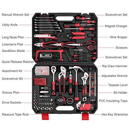 Eastvolt 218-Piece Household Tool Kit, Auto Repair Tool Set, Tool Kits for Homeowner, Plier, Screwdriver Set, Socket Kit and Toolbox Storage Case,Black + Red - size: Pack of 9, style: Tool Kit