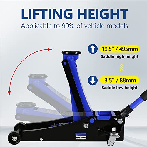 2.5T Low Profile Steel Floor Jack, 5500 lb, Dual Pump, 3.5"-19.5" Lift | Heavy-duty steel, dual-piston quick lift, low profile, 3.5"-19.5" range, overload safety protection. - size: 2.5T Dual Pump 3.5"-19.5"
