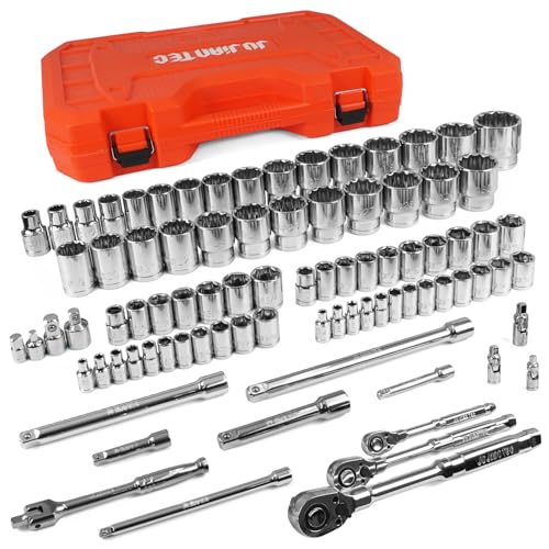 86-Piece Mechanics Tool Set, 1/4" 3/8" 1/2" Shallow Drive Socket & Ratchet Set, SAE/Metric, 90-Tooth Ratchet, Extension Bars, CR-V Steel Tool Kit with Storage Case - size: 86pcs 1/4" 3/8" 1/2" Shallow