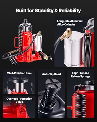 VEVOR Air Hydraulic Bottle Jack, 20 Ton (44092 lbs) Capacity, 10.2-19.5 Inch Lifting Range, Pneumatic/Manual Heavy Duty Welded Bottle Jack with Pump for Car, SUV, Pickup, Truck, RV, Auto Repair - color: red