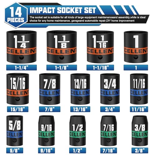 14 Pieces 1/2-Inch Drive Impact Socket Set, 3/8" to 1-1/4" Shallow Socket, 6 Point SAE Sockets for Automotive Repair, Equipment Maintenance - size: 1/2 Inch SAE