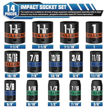 14 Pieces 1/2-Inch Drive Impact Socket Set, 3/8" to 1-1/4" Shallow Socket, 6 Point SAE Sockets for Automotive Repair, Equipment Maintenance - size: 1/2 Inch SAE