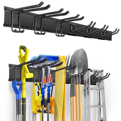 Garage Tool Organizer Wall Mount, Heavy Duty 48 Inches Garage Organization and Storage Racks for Yard Tools with 6 Hooks, Tool Hangers Holders for Hanging Folding Chair, Rake and Shovel - size: 48" Alloy Steel