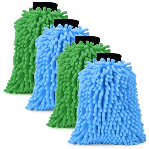 4Pcs Car Wash Mitt Microfiber Gloves Chenille Material Microfiber Towels for Car Washing Supplies Kit Scratch Free Cleaning Sky Blue + Green - size: Sky Blue + Green