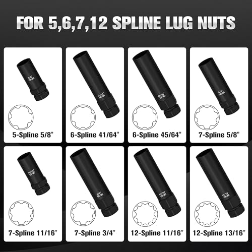 8PCS Spline Lug Nut Removal Tool Kit, Locking Lug Nut Key | Master Key Set for Stripped Frozen Rusted Wheel Locks - Removing 5, 6, 7, 12 Spline & Hex Wheel Locks - size: 5, 6, 7, 12 Spline