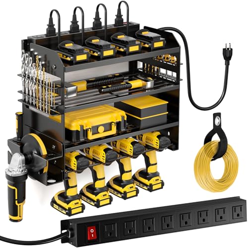 POKIPO Power Tool Organizer Wall Mount with Charging Station,Tool Storage Rack with 8 Outlet Power Strip,Heavy Duty Metal Battery Utility Rack with 4 Cordless Drill Holder 6.56 Ft Cord for Garage - color: Black, size: Standard with Power Station
