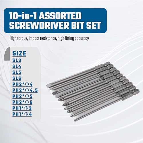 VESTTIO 10PCS Long Screwdriver Bit Sets, 4 Inch/100 mm | 4 Slotted 6 Phillips, 1/4 inch Hex Shank, S2 Steel, Magnetic Bit Assortment - size: 4SL6PH / 4 inch