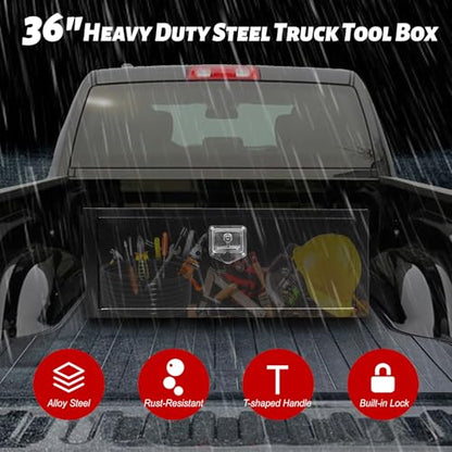 Heavy Duty Steel Plated Underbody Truck Tool Box with T-Handle Lock, Waterproof Tongue Box for Storage with Smooth Surface for Truck, Pickup, RV, Trailer - Black, 36" x 12" x 14" Inch - size: 36" x 12" x 14"