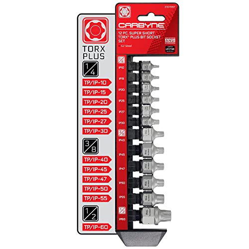 CARBYNE 12-Piece Torx Plus Stubby Low Profile Bit Socket Set, TP10/IP10 to TP60/IP60, S2 Steel, Dual Drive Internal Square and External Hex for Tight Spaces, Genuine Licensed Torx Plus - size: Torx Plus
