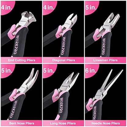 WORKPRO 6-Piece Mini Pliers Set | Needle Nose, Long Nose, Bent Nose, Diagonal, End Cutting and Linesman for Crafts Work, Electronic Repair, with Pouch - color: Pink