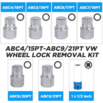 BELEY 23pcs Wheel Lock Lug Nut Remover Kit, Automotive Wheel Anti-Theft Screw Removal Key Socket Set with Adapter Compatible with VW (23pcs for VW)