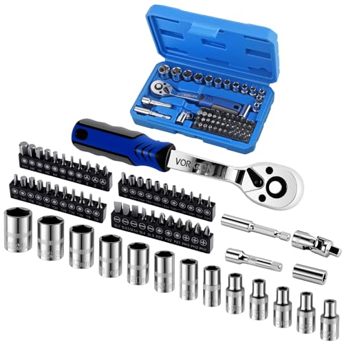 62-Piece 1/4" Drive Sockets with 72-Tooth Ratchet Wrench Set, Metric Sockets 4-14mm, 44 Screwdriver Bits, Universal Joint, Extension Bar, Storage Case - size: 62-PCS 1/4" Socket Ratchet Wrench Set