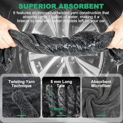 BRUSH FAMILY 3 Pack Car Microfiber Towels with Car Wash Mitt | 1200 GSM 35”x24”& 16"x16" Microfiber Car Drying Towels Ultra-Absorbent, Streak Free, Double Twisted-Loop Cleaning Cloth