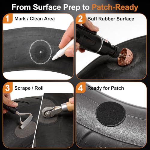 Low Speed Air Tire Buffer Kit, 2500 RPM Tire Patch Repair Tools | Tungsten Buffing Heads, Patch Roller, Inner Liner Scraper, Wire Brush, Hose & Fittings