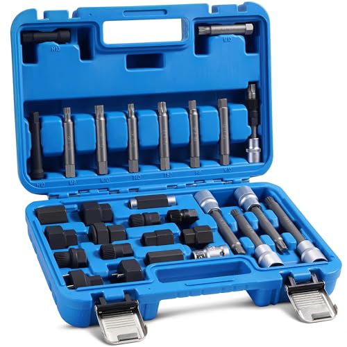 Alternator Pulley Removal Tool & Alternator Decoupler Pulley Tool | 30-piece socket bit set for clutch freewheel and decoupler pulley removal/installation; Compatible with Volvo BMW and More
