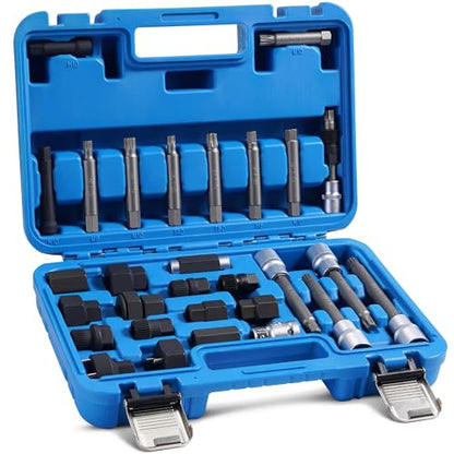 Alternator Pulley Removal Tool & Alternator Decoupler Pulley Tool | 30-piece socket bit set for clutch freewheel and decoupler pulley removal/installation; Compatible with Volvo BMW and More