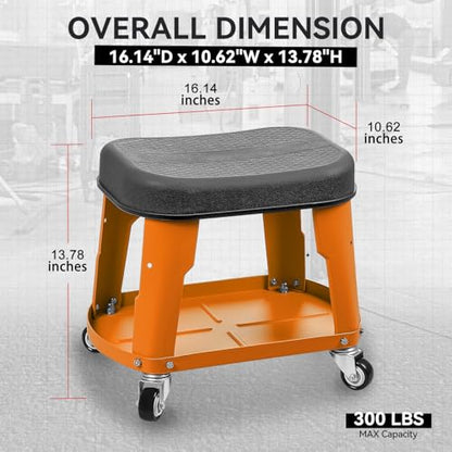 Auto Dynasty Mechanic Roller Stool, 300 LBS Capacity Rolling Creeper Garage Shop Seat with Tool Tray, Heavy Duty Mechanic Roll Repair Chair for Workshop Household Home Warehouse Office, Orange