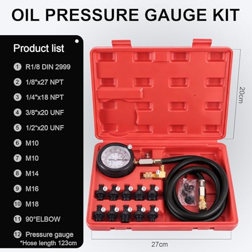 Oil Pressure Tester Kit, 0–140 PSI Engine Oil Pressure Gauge with Hose & Brass Adapters, Automotive Diagnostic Tool for Cars, Motorcycles, Small Diesel Engines, with Storage Case (red)