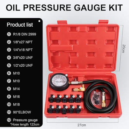 Oil Pressure Tester Kit, 0–140 PSI Engine Oil Pressure Gauge with Hose & Brass Adapters, Automotive Diagnostic Tool for Cars, Motorcycles, Small Diesel Engines, with Storage Case (red)
