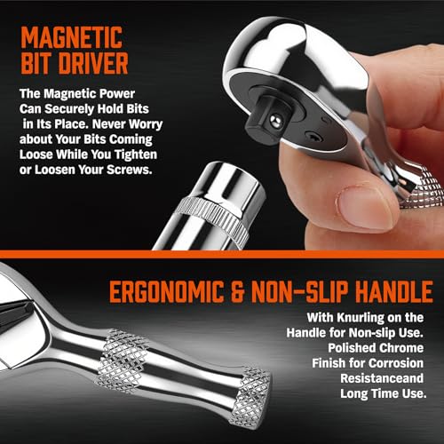 HORUSDY 1/4-Inch Stubby Ratchet Wrench Set, Chrome Alloy 90-Tooth Reversible 1/4" Drive Handle with Magnetic Bit Driver & 1/4" to 3/8" Adapter, Compact Socket Wrench for Tight Spaces, Auto, DIY - style: 1/4" Drive 90T stubby