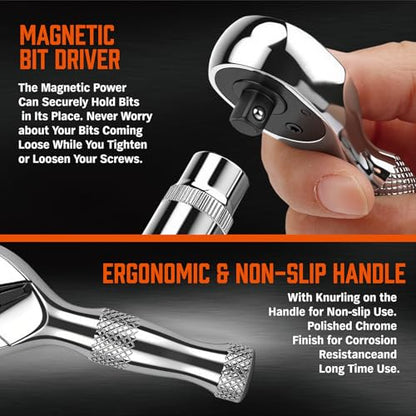 HORUSDY 1/4-Inch Stubby Ratchet Wrench Set, Chrome Alloy 90-Tooth Reversible 1/4" Drive Handle with Magnetic Bit Driver & 1/4" to 3/8" Adapter, Compact Socket Wrench for Tight Spaces, Auto, DIY - style: 1/4" Drive 90T stubby