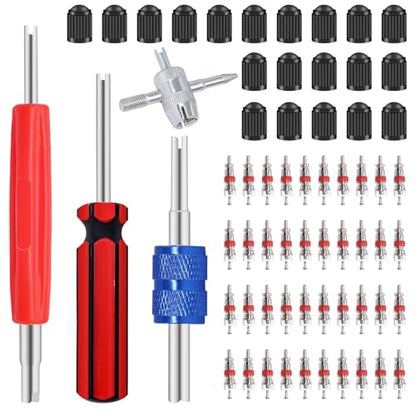 64PCS Tire Valve Stem Removal Tool Kit - 40PCS Tire Valve Cores, 20PCS Valve Stem Caps, 4-Way Valve Tool, Single and Dual Heads Valve Core Remover Tire Repair Tool - size: 64PCS