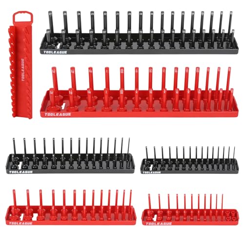TOOLEAGUE 7Pcs Socket Organizer Tray and Magnetic Wrench Holder Set,Red SAE & Black Metric, 1/2", 1/4", 3/8" Socket Storage Trays for Tool Box Drawer - size: 7pcs