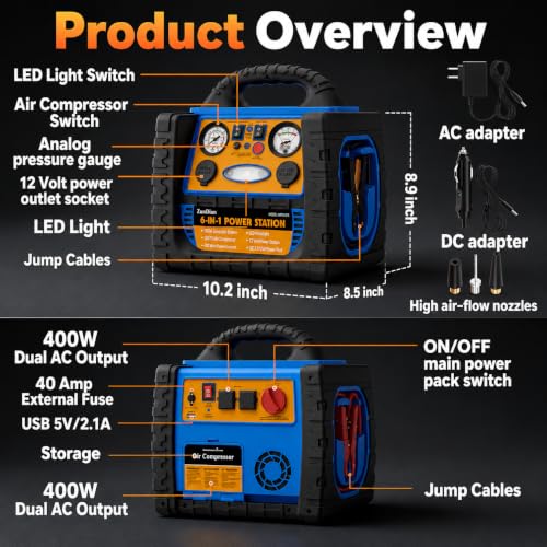 Car Jump Starter with Air Compressor, 2200A Battery Booster Pack for Up to 8.0L Gas & 6.0L Diesel, 150PSI Tire Inflator, 400W Portable Power Station with AC Outlet, 6-in-1 Jump Box for Cars, Trucks - style: 2200AMP