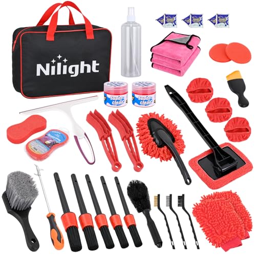 Nilight 37PCS Car Detailing Kit Auto Cleaning Tools Wash Set with Storage Carry Bag Home Use for Interior Exterior Deep Clean Car Care Windshield Dashboard Seat Air Vents Wheels Tires, Red - color: 37PCS Set, Red