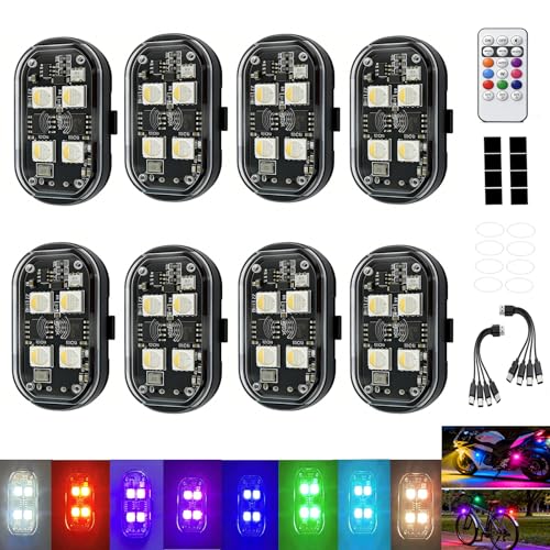 Upgraded 8PCS 4Leds RGB Wireless Led Lights for Car with Remote, 8-Color High Brightness Strobe Lights Type-C Rechargeable Anti-Collision Warning Light for Car, Motorcycle, Bike, Drone - size: 8