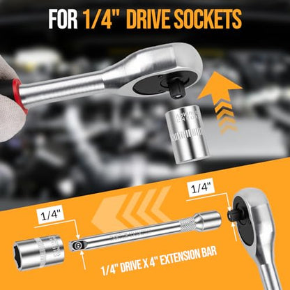 12PCS 1/4 Inch Drive Socket Set, Premium Mini Ratchet Socket Wrench Set, Small Metric Ratchet Socket Wrenches Set, with 1/4 Ratchet Extension Bar for Car, Automotive, Household Repair
