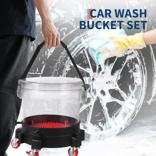 GarveeTech 5 gal Car Wash Bucket Kit 300 LBS Capacity - Includes Grit Trap, 5-Caster Dolly, Rubber Handle & Lid, Professional Detailing Kit for Auto Cleaning, Transparent