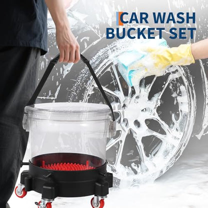 GarveeTech 5 gal Car Wash Bucket Kit 300 LBS Capacity - Includes Grit Trap, 5-Caster Dolly, Rubber Handle & Lid, Professional Detailing Kit for Auto Cleaning, Transparent