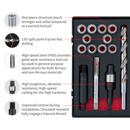 M12X1.75X16.2MM Thread Repair Kit with Insert HSS Drill, Tap, Counterbore, Installation Driver, Metric, 10PCS Stainless Steel Insert M12X1.75X16.2MM - size: M12X1.75X16.2MM Thread Repair Kit