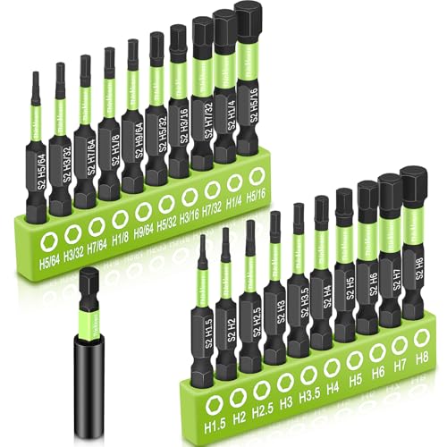 Impact Hex Head Bit Set, Allen Wrench Drill Bit Set 20pcs (Metric&SAE), Allen Socket Sets, 1/4” Hex-Shank S2 Steel Hex Bits Set with 2.3" Extension Bit Holder, CNC Machined Tips with Magnetism - color: Green, size: 2" Hex Bits