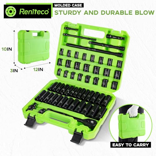 Reniteco 56-Piece 3/8" Drive Socket Set, SAE (5/16"-3/4") & Metric (8mm-22mm), Deep & Shallow, Ratchet Handle, Extension Bars, Adapter, Universal Joint, Power Drill Adapters, Spark Plug Sockets, CR-V - size: 56 PCS