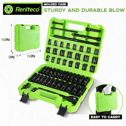 Reniteco 56-Piece 3/8" Drive Socket Set, SAE (5/16"-3/4") & Metric (8mm-22mm), Deep & Shallow, Ratchet Handle, Extension Bars, Adapter, Universal Joint, Power Drill Adapters, Spark Plug Sockets, CR-V - size: 56 PCS