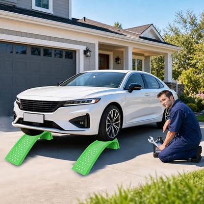 Heavy Duty Car Ramps Set of 2, Steel Auto Ramps 8000 LBS Capacity, Low Profile Car Ramps for Oil Change, Vehicle Service Ramp for Cars SUV & Light Trucks, 9" Lift Height (Green) - color: Green
