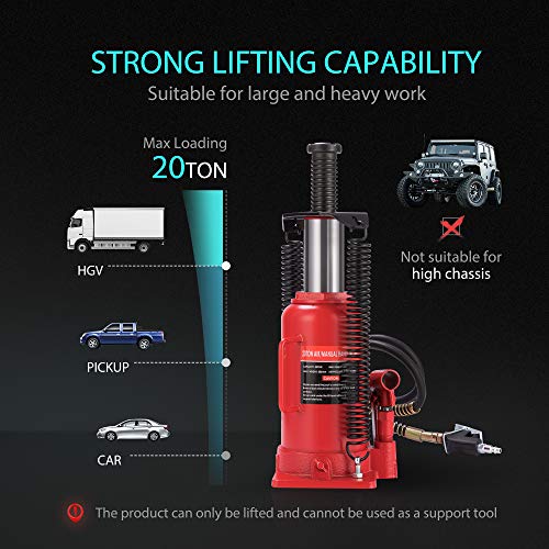 SPECSTAR Pneumatic Air Hydraulic Bottle Jack with Manual Hand Pump 20 Ton | Heavy Duty Auto Truck Travel Trailer Repair Lift Red - color: Red