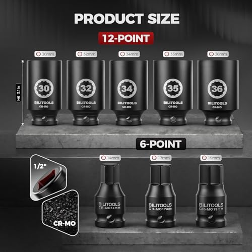 BILITOOLS 12 Point Axle Nut Socket Set, 1/2" Drive Spindle Nut Socket Set | for Wheel Bearing & CV Axle, Impact Deep 14mm 17mm 19mm 30mm 32mm 34mm 35mm 36mm, Compatible with Toyota, Honda, BMW, VW,Audi