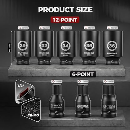 BILITOOLS 12 Point Axle Nut Socket Set, 1/2" Drive Spindle Nut Socket Set | for Wheel Bearing & CV Axle, Impact Deep 14mm 17mm 19mm 30mm 32mm 34mm 35mm 36mm, Compatible with Toyota, Honda, BMW, VW,Audi