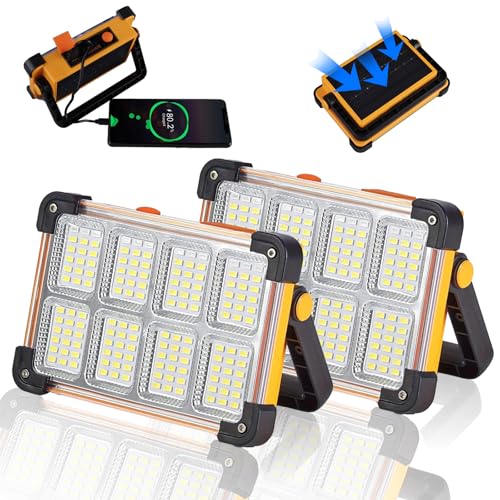 2 Pack 120W Solar Rechargeable Work Light, 144 LED 10000LM Portable Flood Light with Stand, IP66 Waterproof 4 Modes LED Job Site Lighting Flashlights for Mechanic Camping Fishing Car Repair - style: Yellow 2 Pack