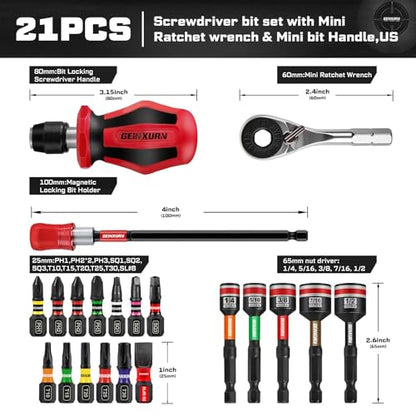 Geinxurn 21 Pieces Tool Kit Include Mini Ratchet Wrench, S2 Steel Screwdriver Bit, Mini Screwdriver Handle, Magnetic Locking Bit Holde, Socket Wrench Nut Driver Set. Portable Hand Tools Set for Repair - style: RM021-US