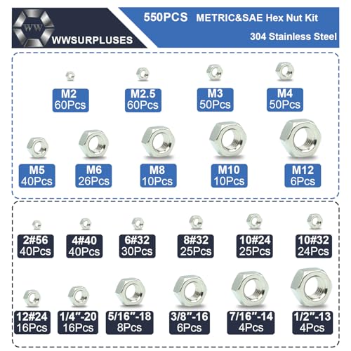 550 Pack SAE & Metric Hex Nuts Kit, 304 Stainless Steel | 2#56 To 12#24, 1/4-20 To 1/2-13, M2 To M12, Standard SAE And Metric Coarse Thread, Hardware Nuts - size: Metric and SAE (550Pcs)