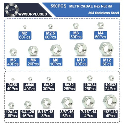 550 Pack SAE & Metric Hex Nuts Kit, 304 Stainless Steel | 2#56 To 12#24, 1/4-20 To 1/2-13, M2 To M12, Standard SAE And Metric Coarse Thread, Hardware Nuts - size: Metric and SAE (550Pcs)