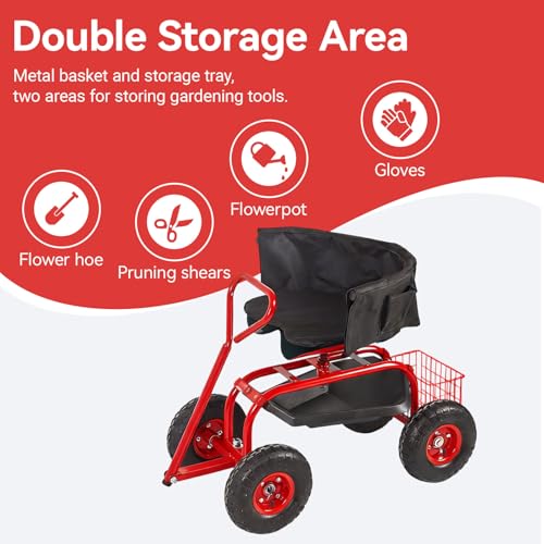 Kinfant Garden Seat with Ergonomic Backrest – Rolling Garden Stool with Height Adjustable & 360° Swivel Seat with Wheels, Gardening Cart Bench, Tool Storage, for Yard, Patio Red - color: With Backrest-red